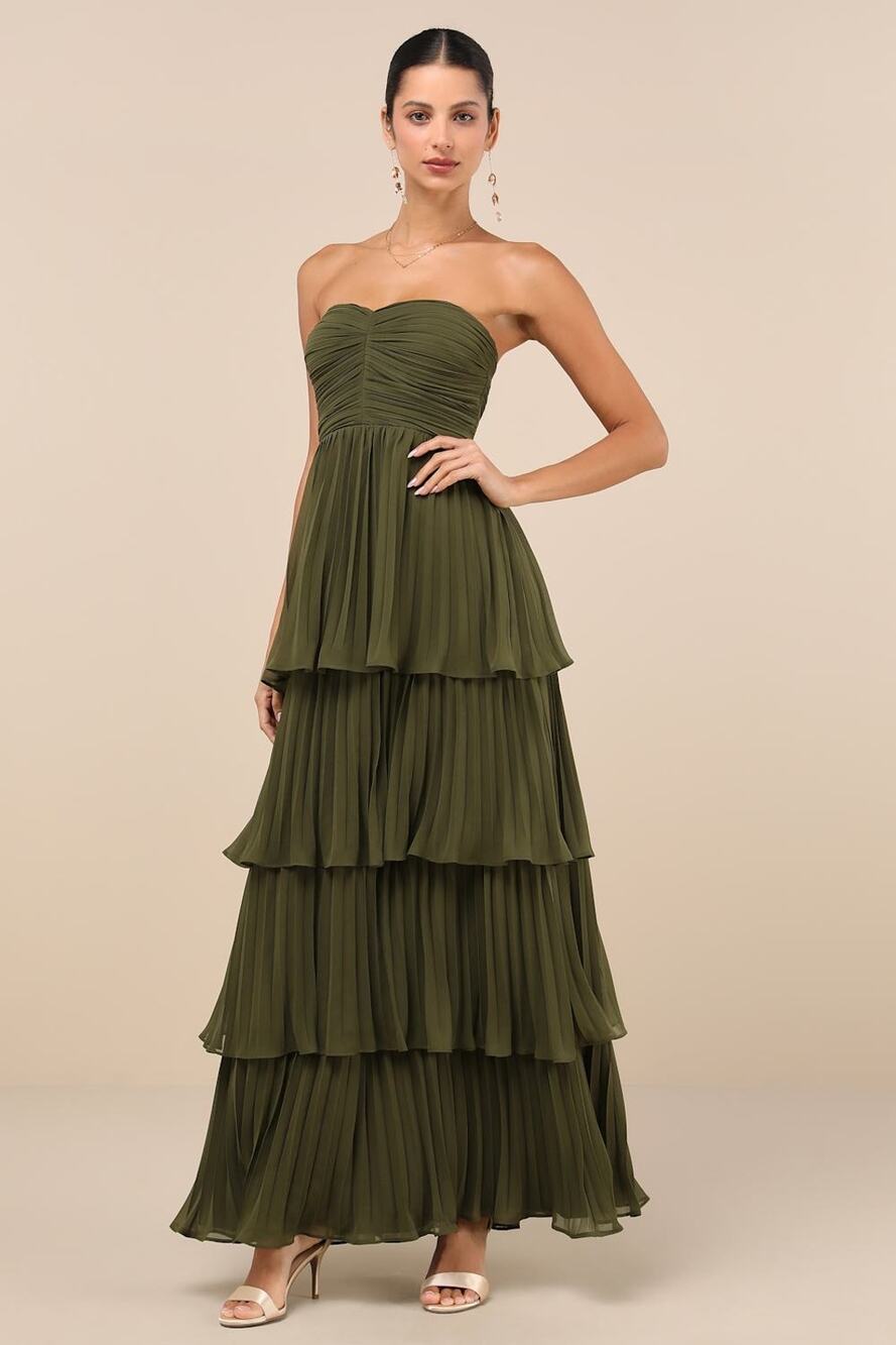 NWT Lulus Seriously Sensational Olive Strapless Tiered Maxi Dress Gala Size S